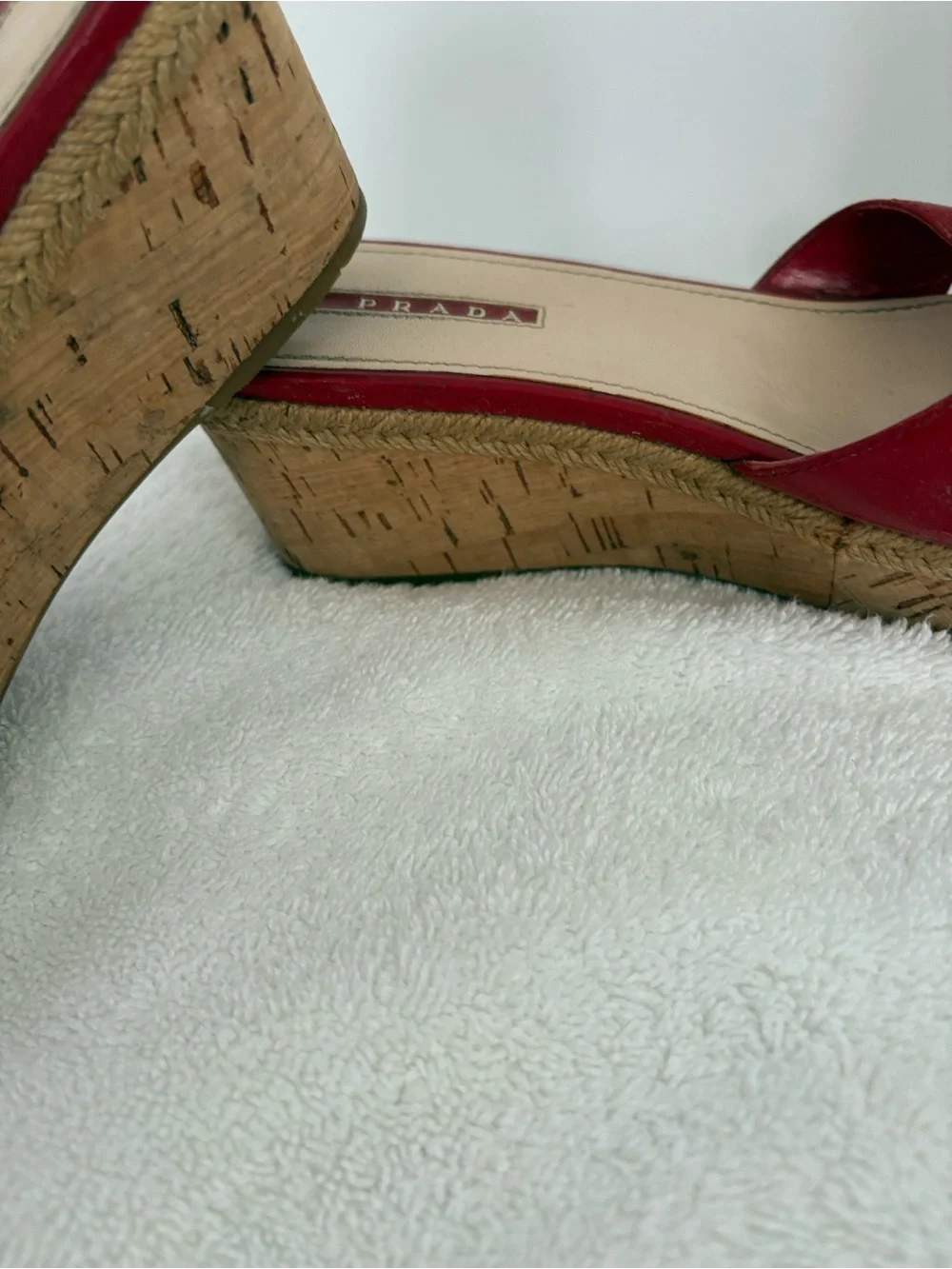 Prada Red Patent Cork Platform Slide Sandals